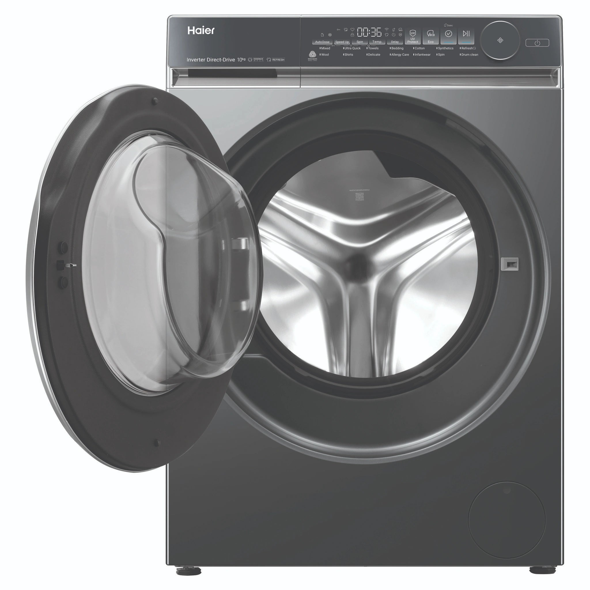Haier 10kg 500 Series Dark Stainless Front Loader Washing Machine HWF10NB1, Front View Door Open