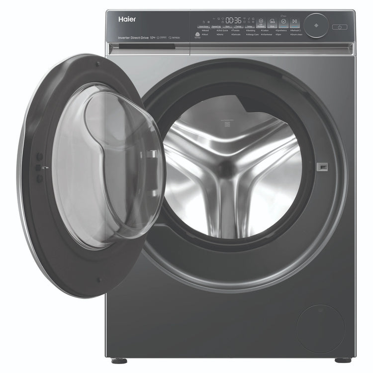 Haier 10kg 500 Series Dark Stainless Front Loader Washing Machine HWF10NB1, Front View Door Open