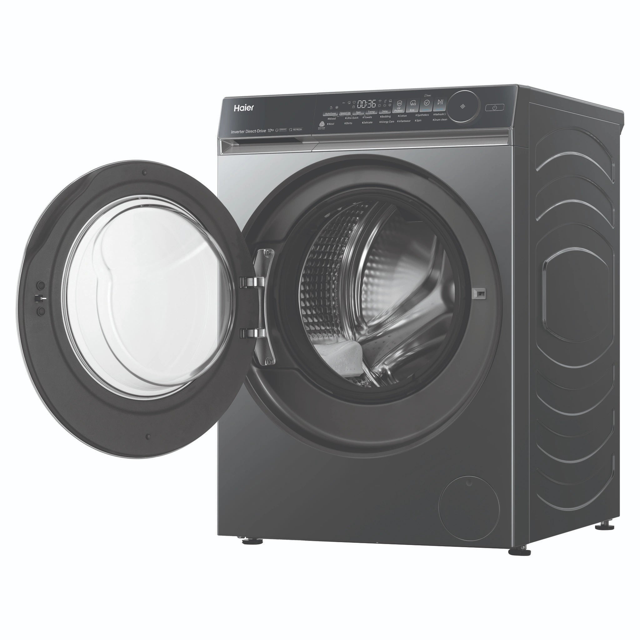 Haier 10kg 500 Series Dark Stainless Front Loader Washing Machine HWF10NB1, Front View Door Open