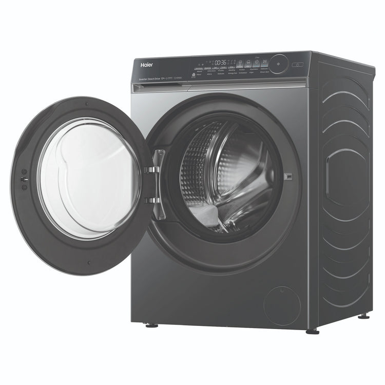 Haier 10kg 500 Series Dark Stainless Front Loader Washing Machine HWF10NB1, Front View Door Open