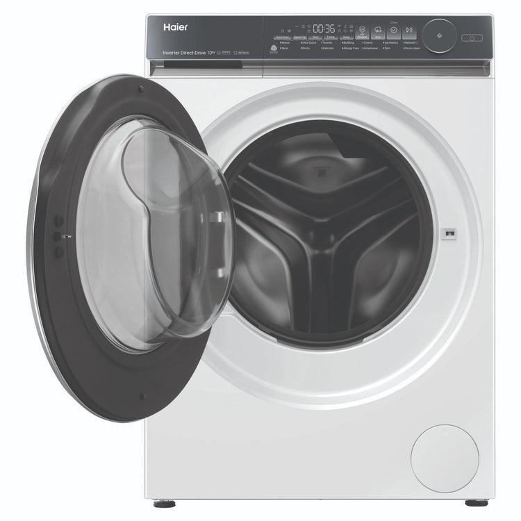 Haier 10kg 500 Series White Front Loader Washing Machine HWF10NW1, Front View with Door Open