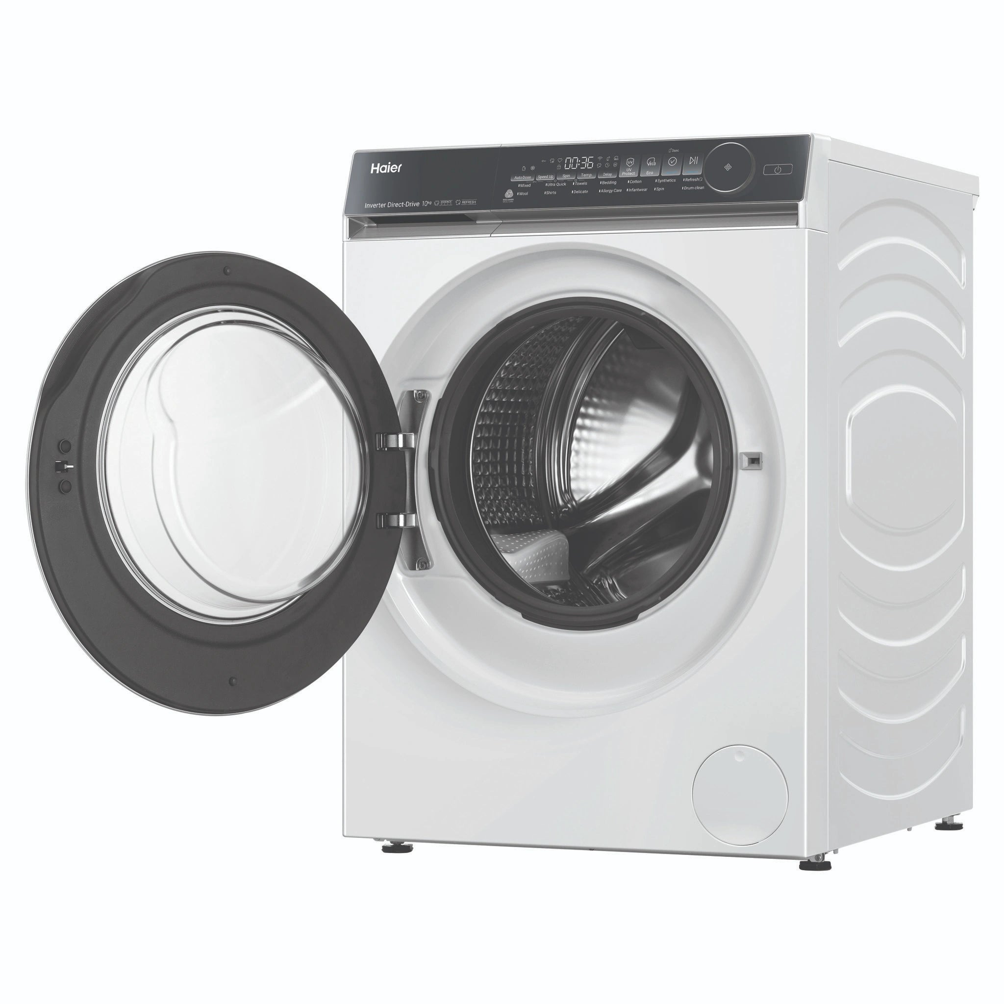 Haier 10kg 500 Series White Front Loader Washing Machine HWF10NW1, Front View with Door Open