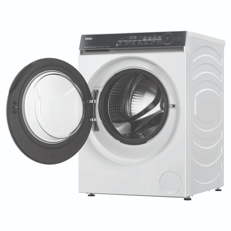 Haier 10kg 500 Series White Front Loader Washing Machine HWF10NW1, Front View with Door Open