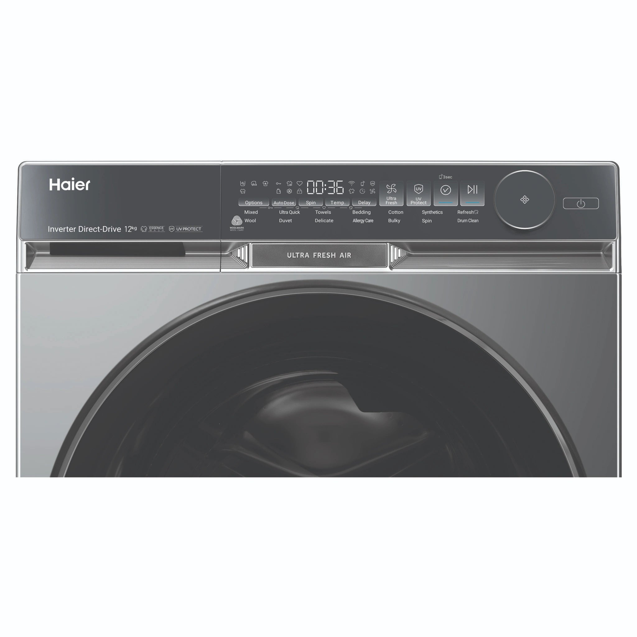 Haier 12kg 500 Series Dark Stainless Front Load Washing Machine – Ultra Fresh Air HWF12DB1, Control Panel View