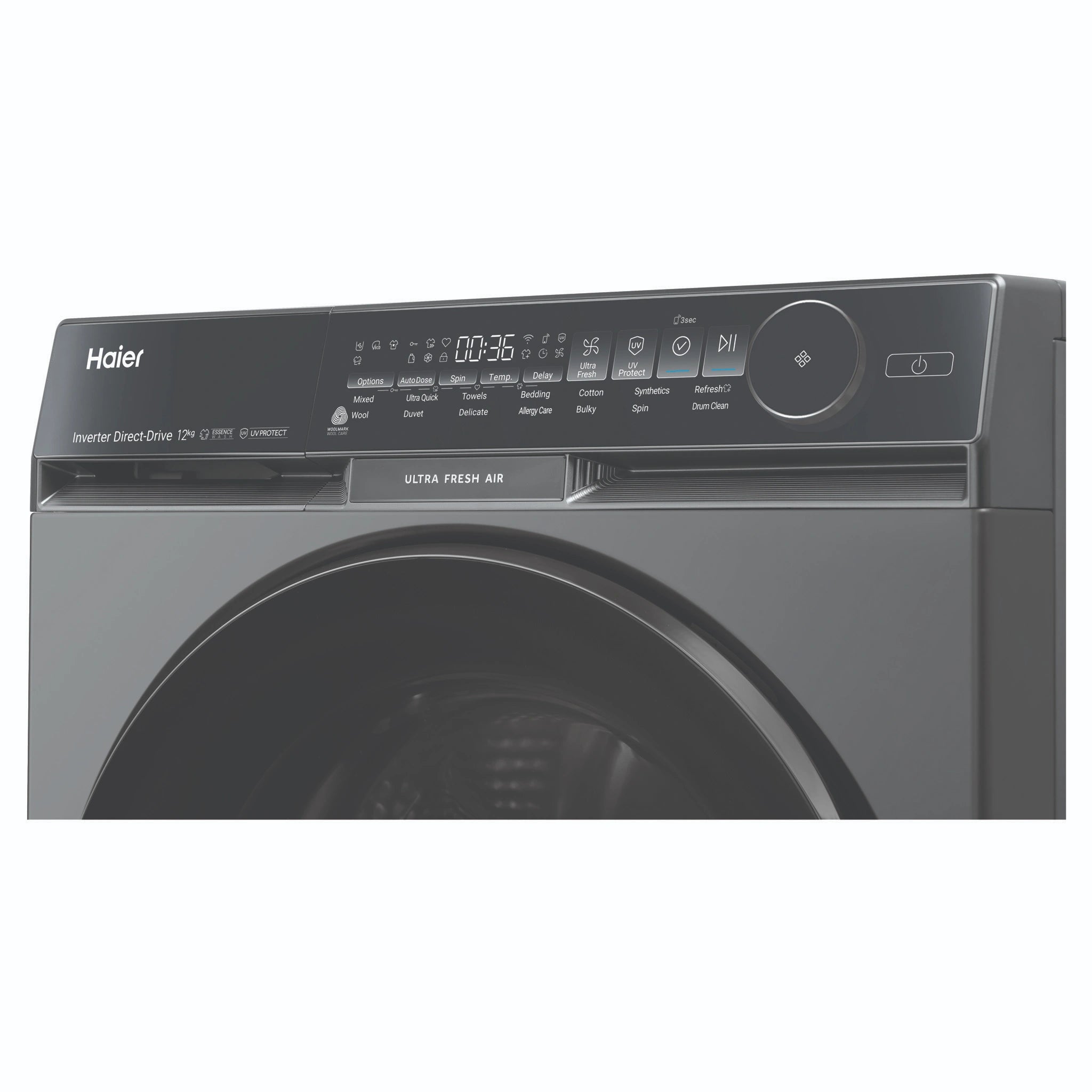 Haier 12kg 500 Series Dark Stainless Front Load Washing Machine – Ultra Fresh Air HWF12DB1, Control Panel View