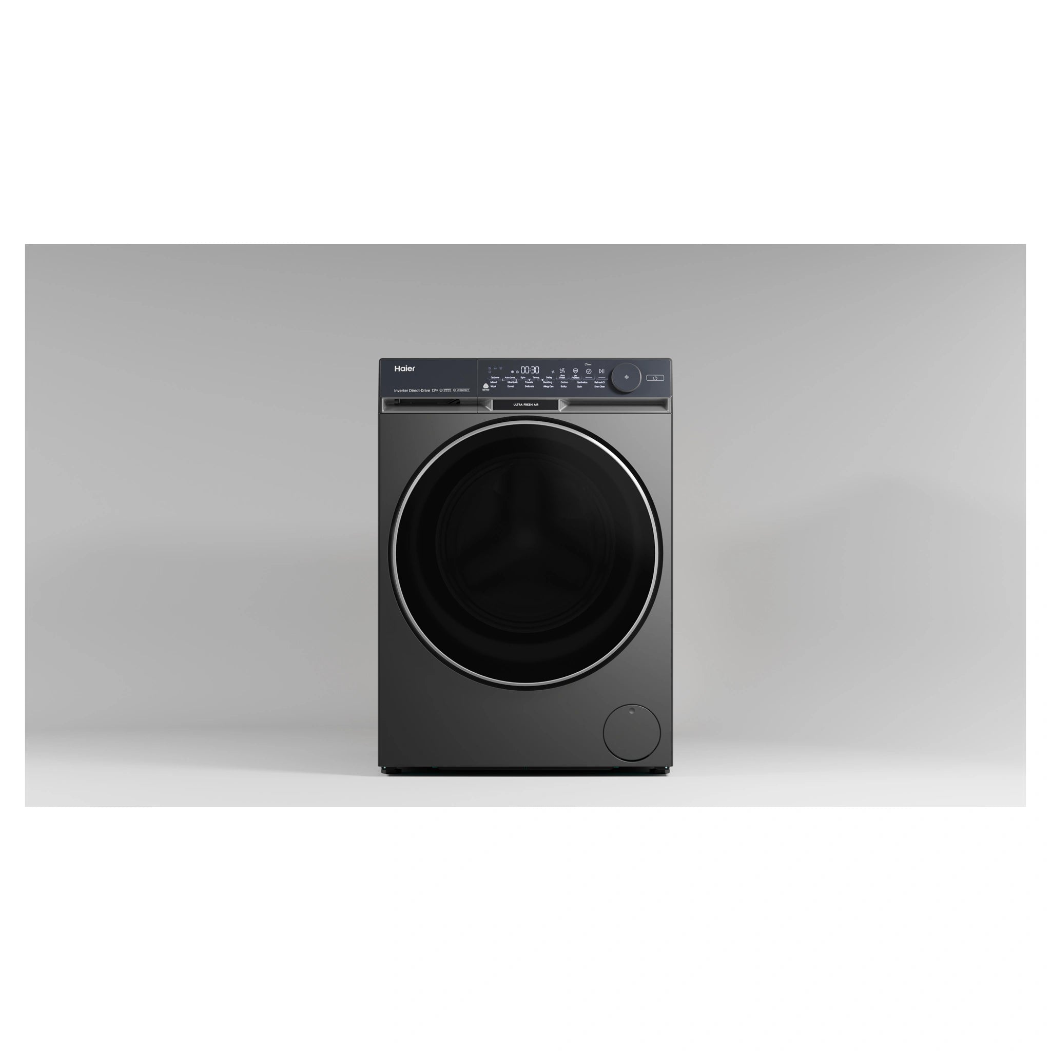 Haier 12kg 500 Series Dark Stainless Front Load Washing Machine – Ultra Fresh Air HWF12DB1, Front View