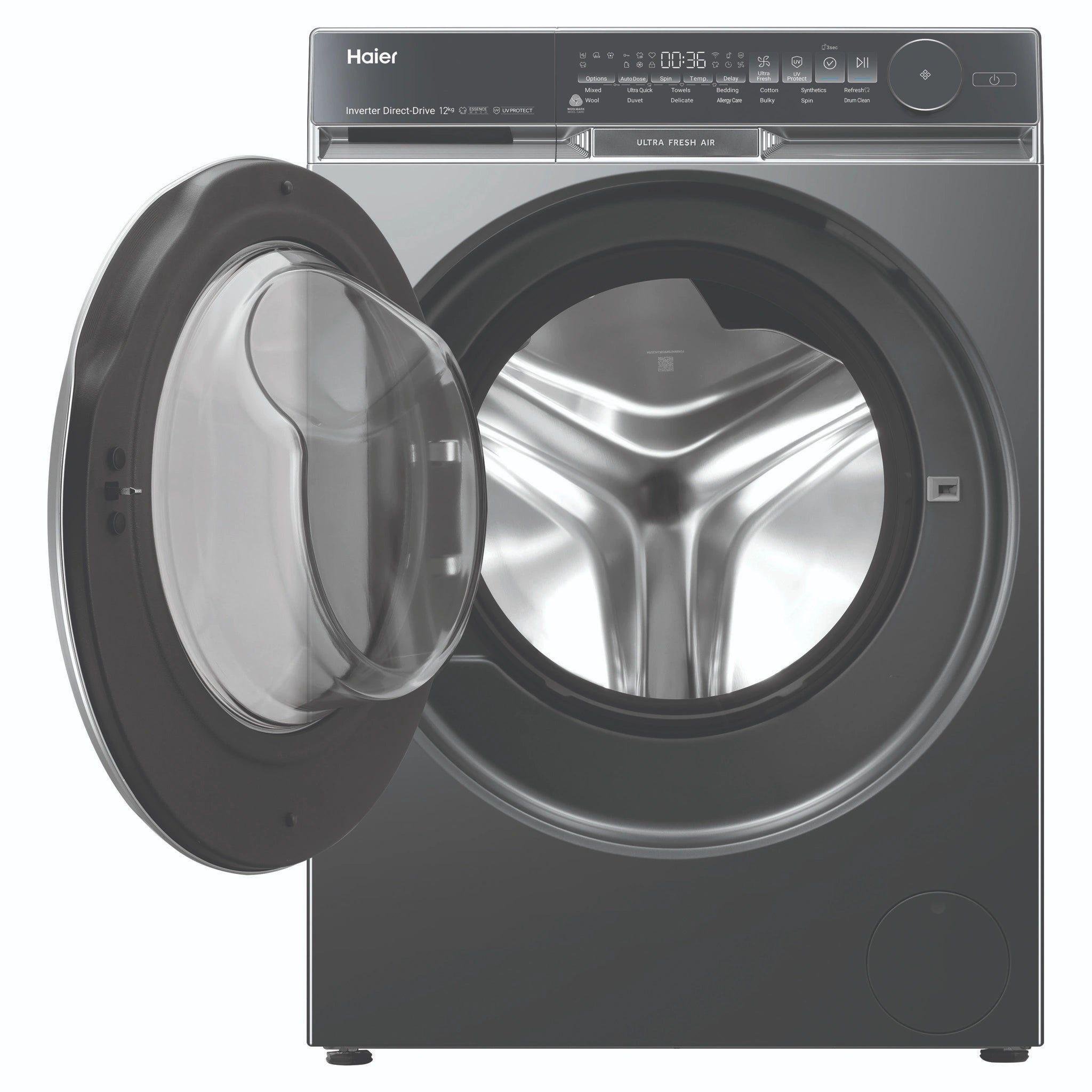 Haier 12kg 500 Series Dark Stainless Front Load Washing Machine – Ultra Fresh Air HWF12DB1, Front View with Door Open