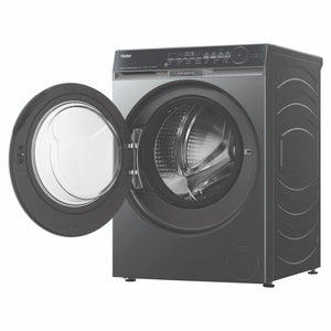 Haier 12kg 500 Series Dark Stainless Front Load Washing Machine – Ultra Fresh Air HWF12DB1, Front View with Door Open