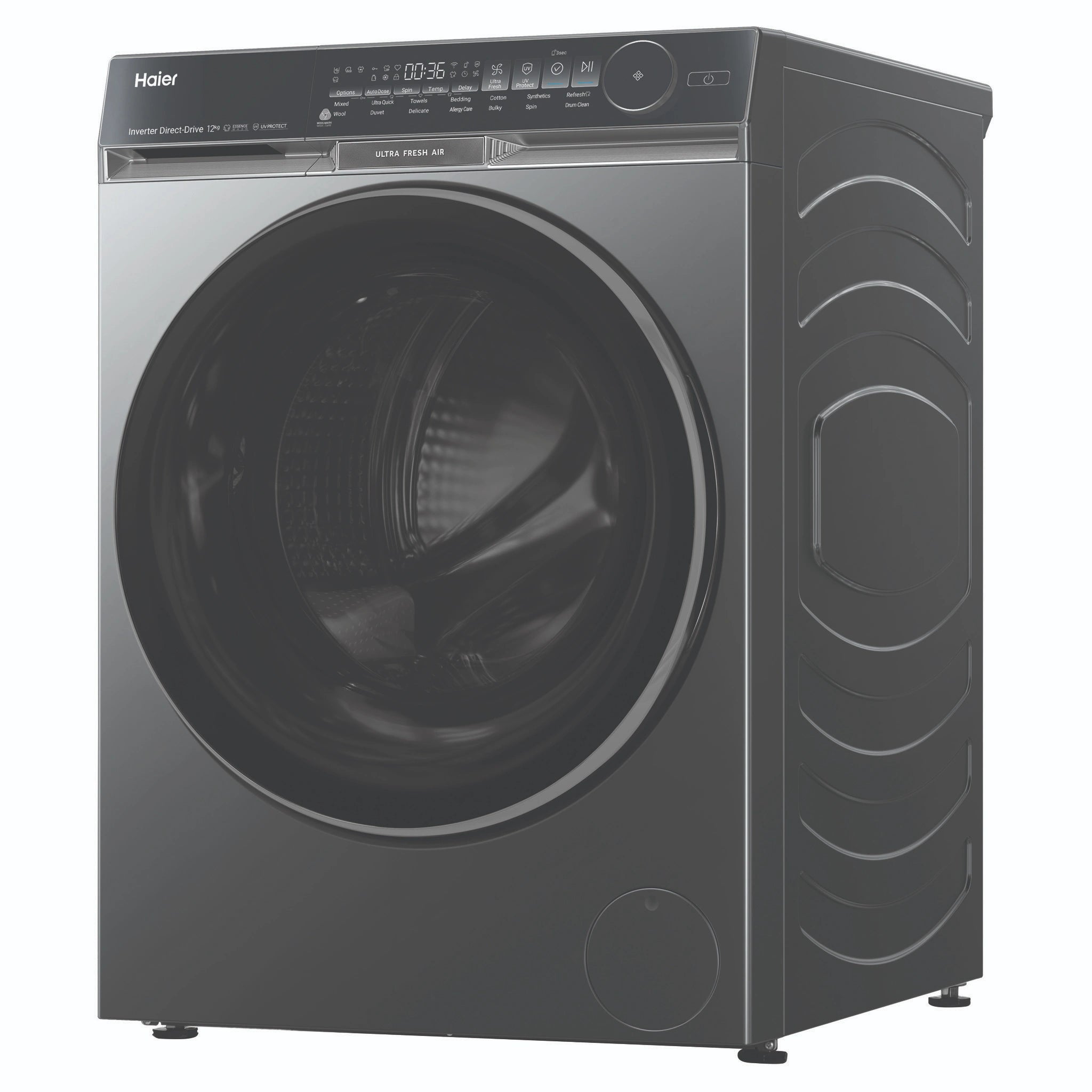 Haier 12kg 500 Series Dark Stainless Front Load Washing Machine – Ultra Fresh Air HWF12DB1, Left Side View