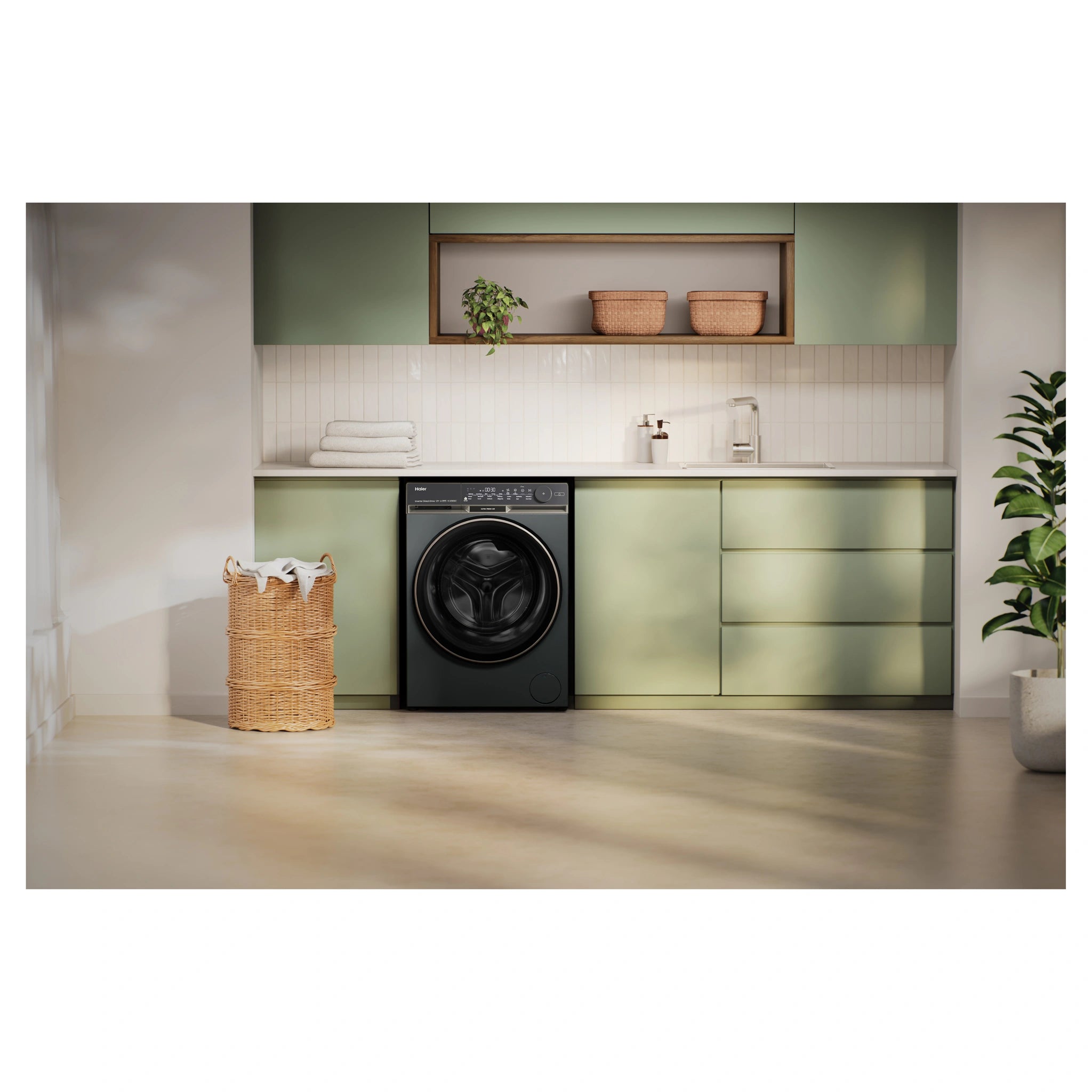 Haier 12kg 500 Series Dark Stainless Front Load Washing Machine – Ultra Fresh Air HWF12DB1, Lifestyle View