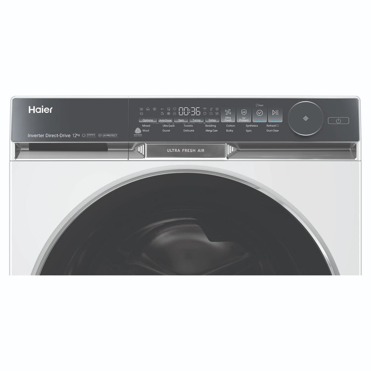 Haier 12kg 500 Series White Front Load Washing Machine – Ultra Fresh Air HWF12DW1, Control Panel View
