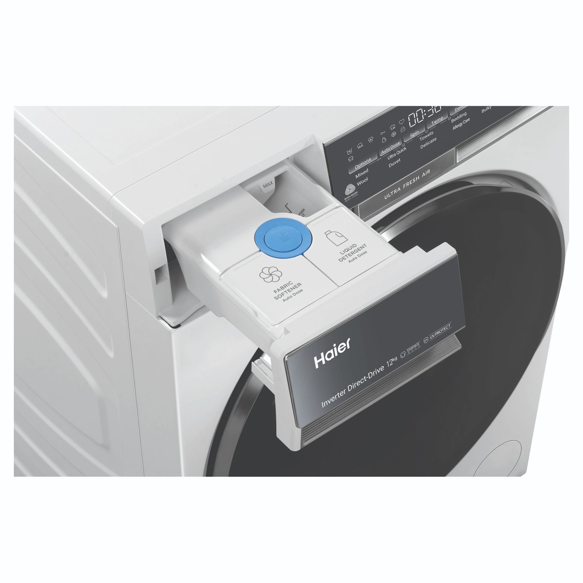 Haier 12kg 500 Series White Front Load Washing Machine – Ultra Fresh Air HWF12DW1, Detergent Drawer