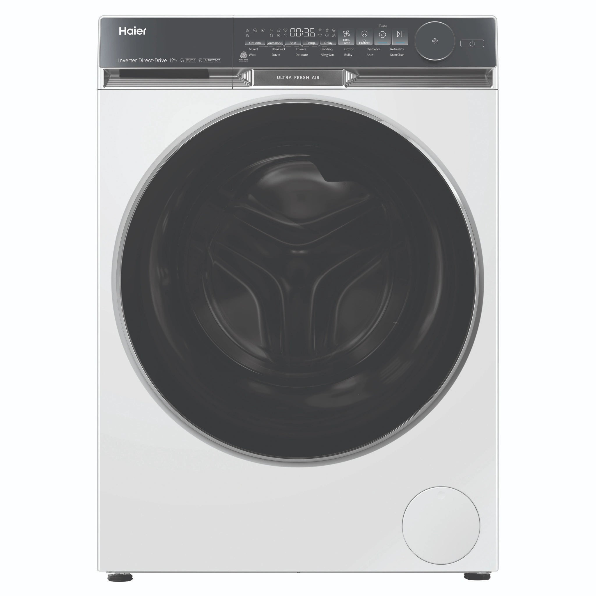 Haier 12kg 500 Series White Front Load Washing Machine – Ultra Fresh Air HWF12DW1, Front View