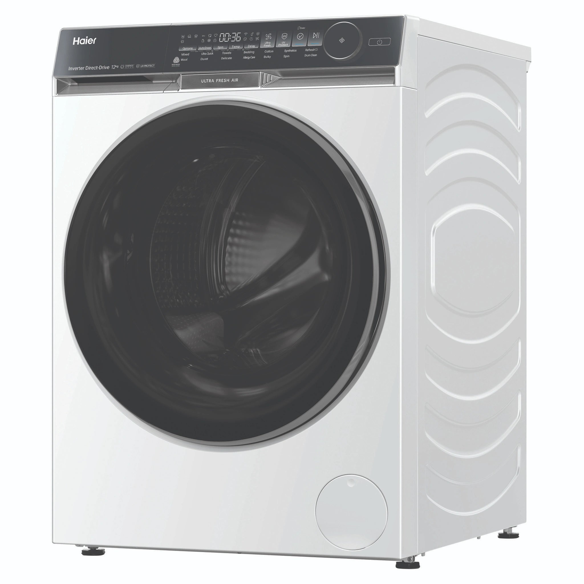 Haier 12kg 500 Series White Front Load Washing Machine – Ultra Fresh Air HWF12DW1, Left Side View