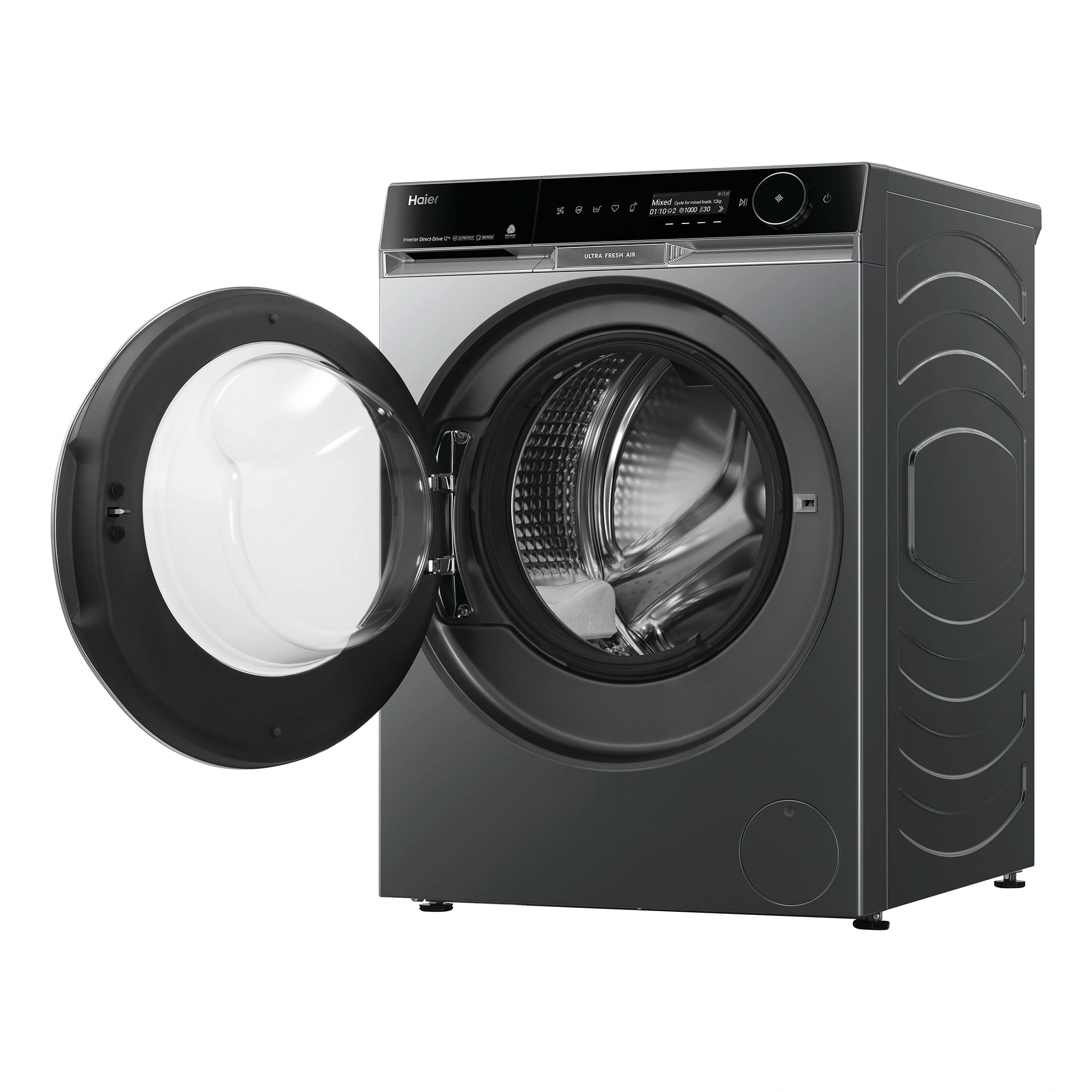 Haier 12kg 600 Series Front Loader Washing Machine - UV Protect HWF12PXB1, Right Side View with Door Open