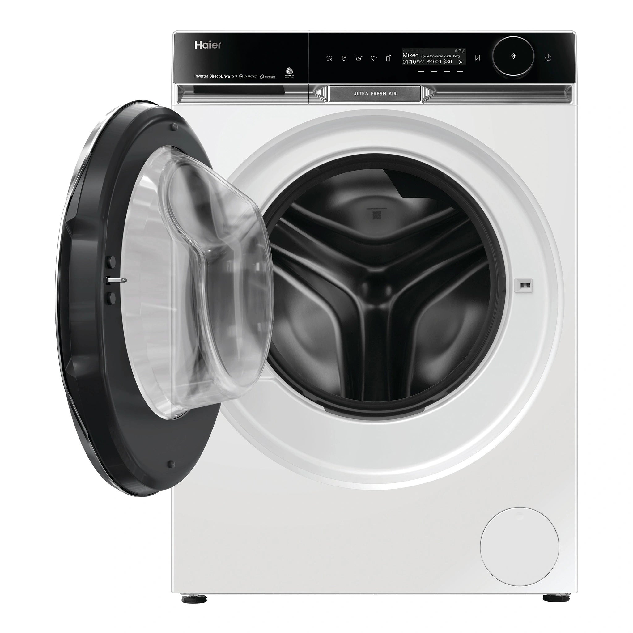 Haier 12kg 600 Series Front Loader Washing Machine - UV Protect HWF12PXW1, Front View with Door Open