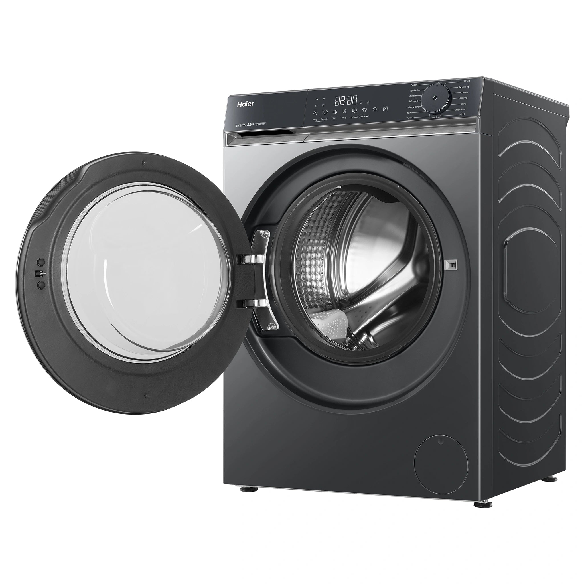 Haier 8.5kg 300 Series Black Front Load Washing Machine HWF85KB1, Right Side Open Door View