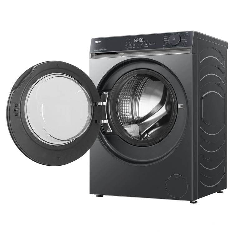 Haier 8.5kg 300 Series Black Front Load Washing Machine HWF85KB1, Right Side Open Door View
