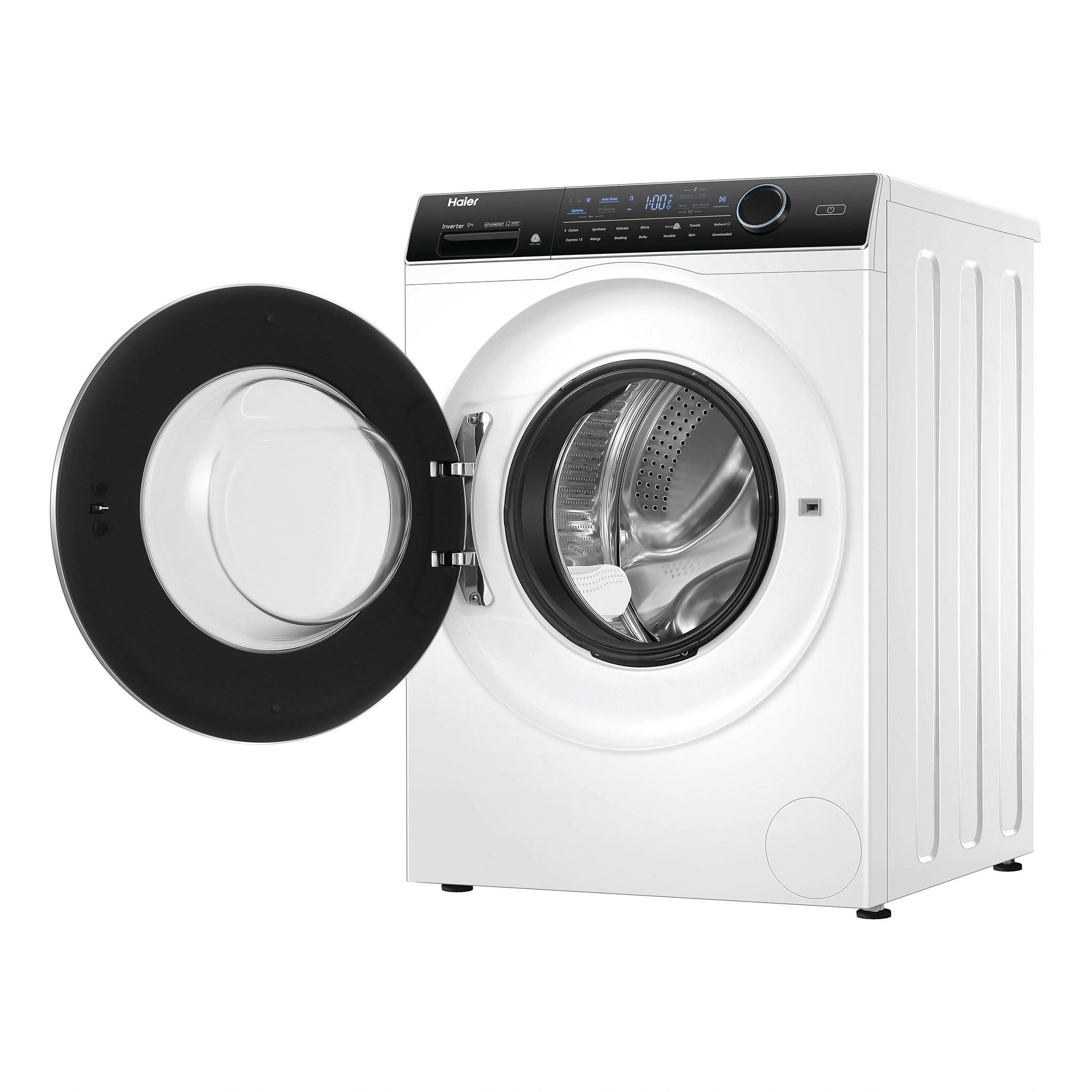 Haier 9kg Front Loader Washing Machine – UV Protect HWF90AN1, Right Side View with Door Open