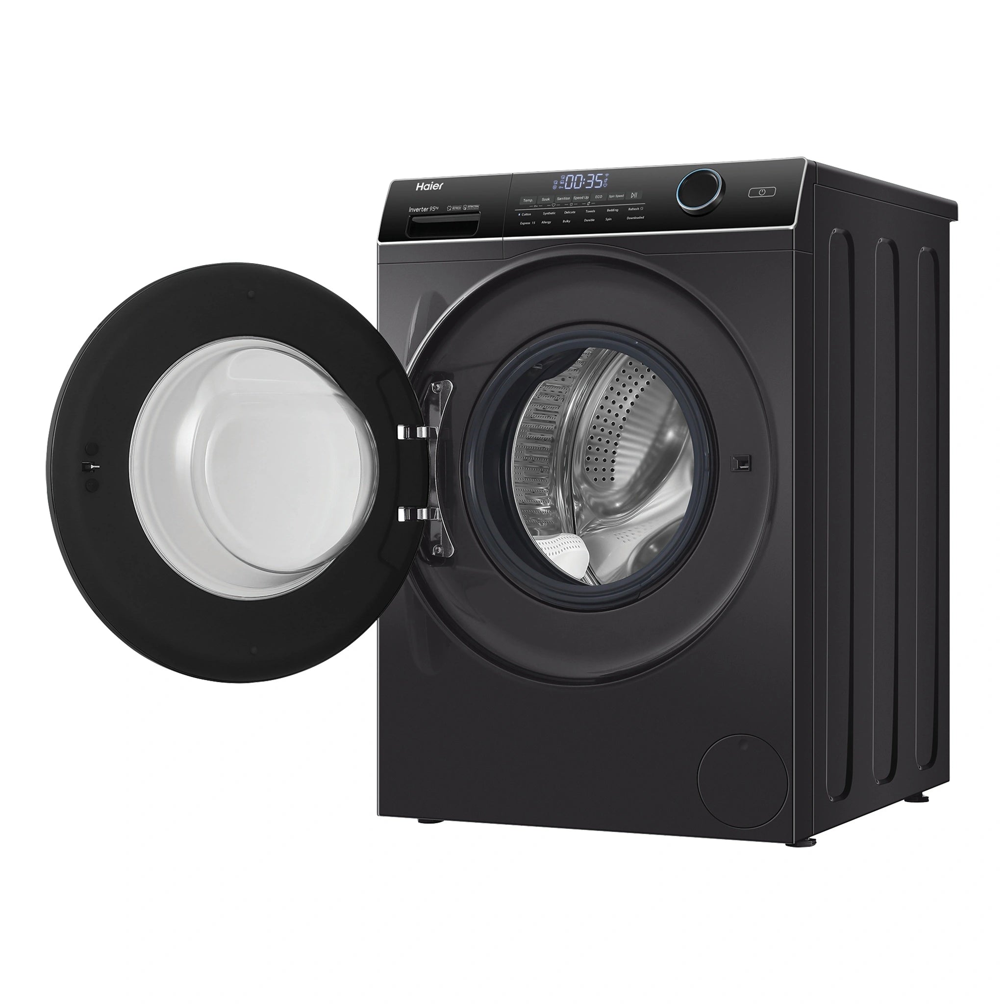 Haier 9.5kg 500 Series Front Loader Washing Machine HWF95ANB1, Right Side View with Door Open