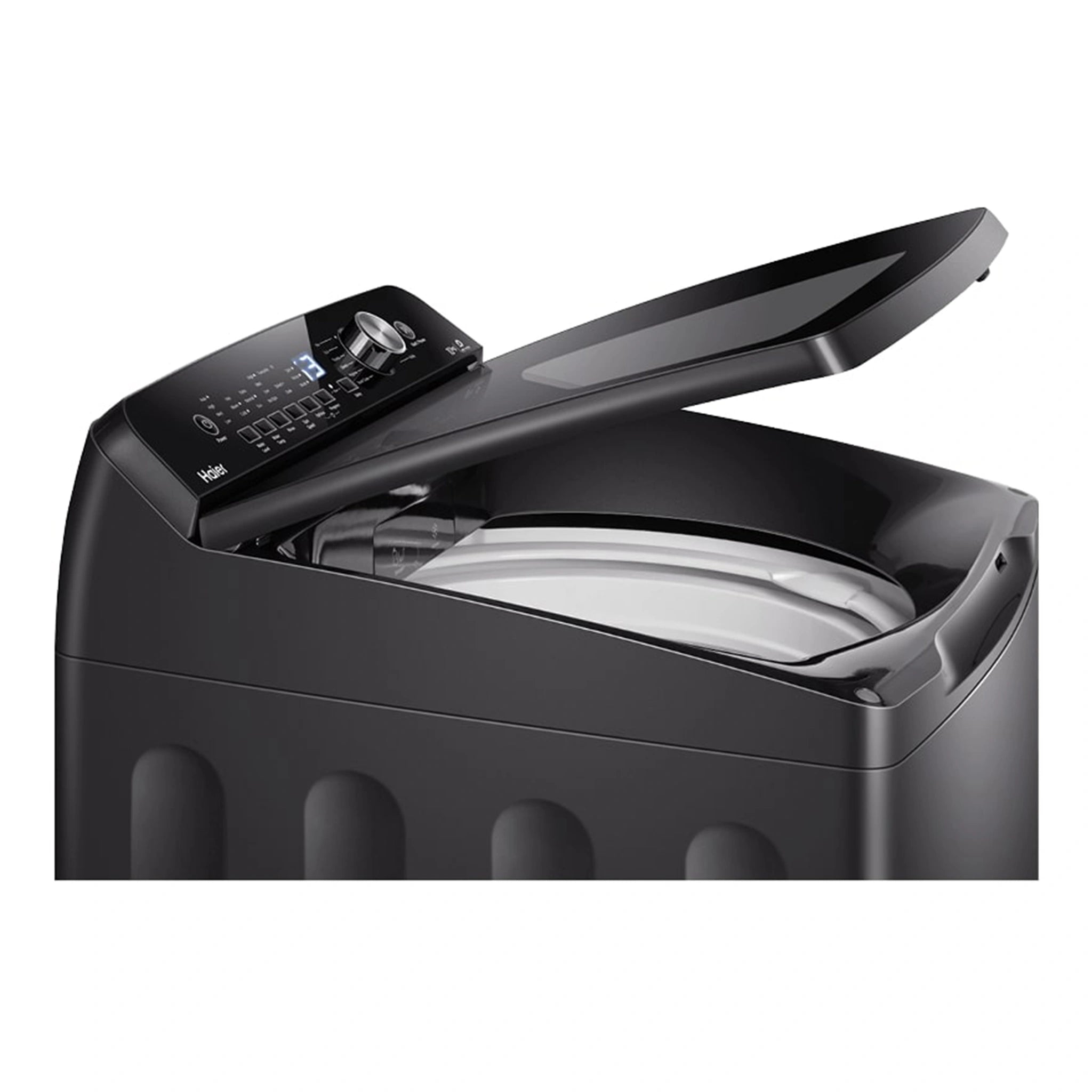 Haier 10kg 500 Series Top Loader Washing Machine HWT10ANB1, Top Left Side View With Door Open 2