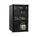Heller 115L Beverage Bar Fridge Black Glass HBC115B, Front right view, full of bottles and cans