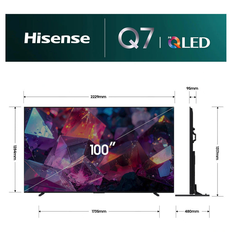 Hisense 100 Inch QLED 4K Smart TV (2026) 100Q7SAU, Dimensions View