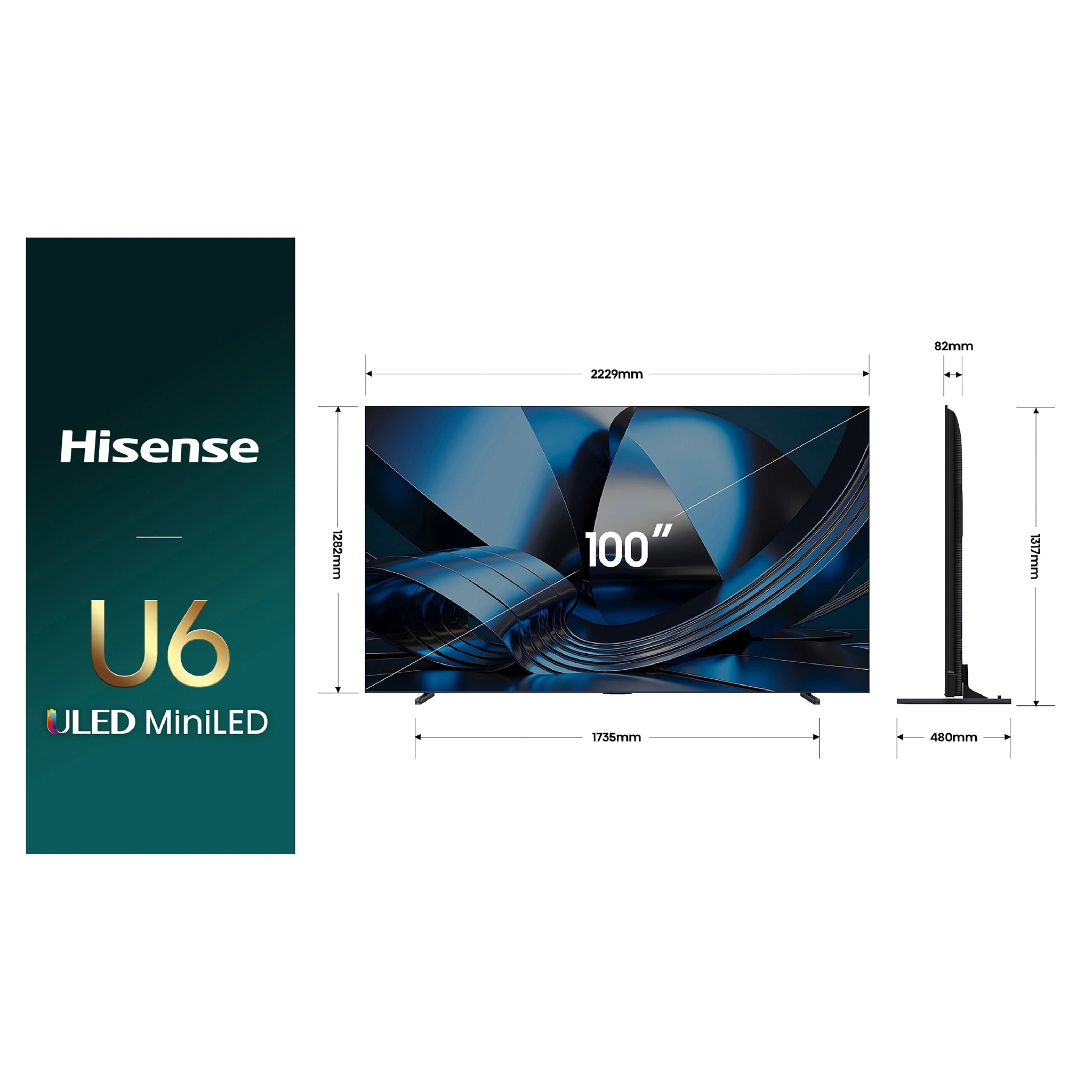 Hisense 100 Inch ULED MiniLED 165Hz 4k TV 100U6SAU, Dimensions View