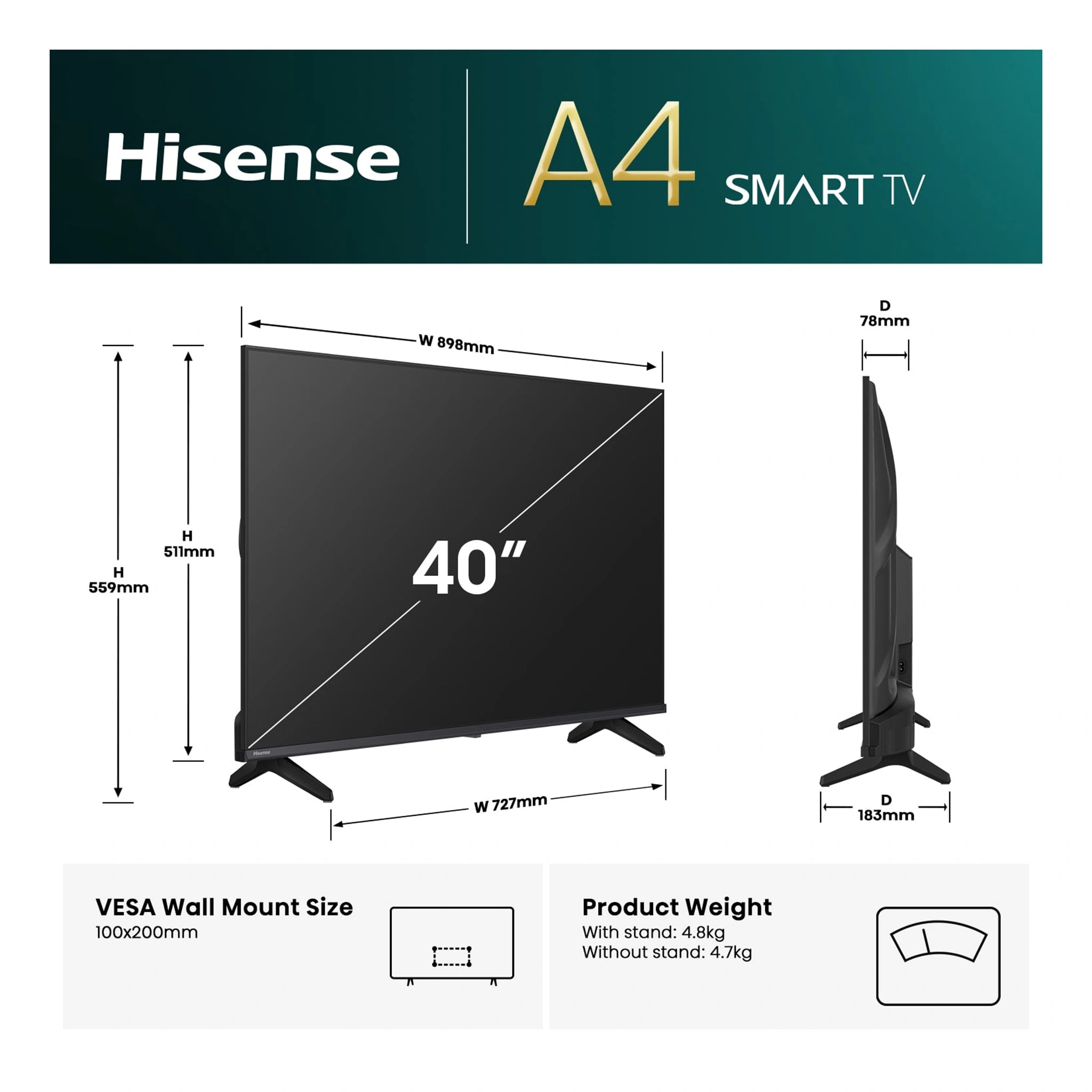 Hisense 32 Inch A4QAU HD Smart LED TV 32A4QAU, Dimensions