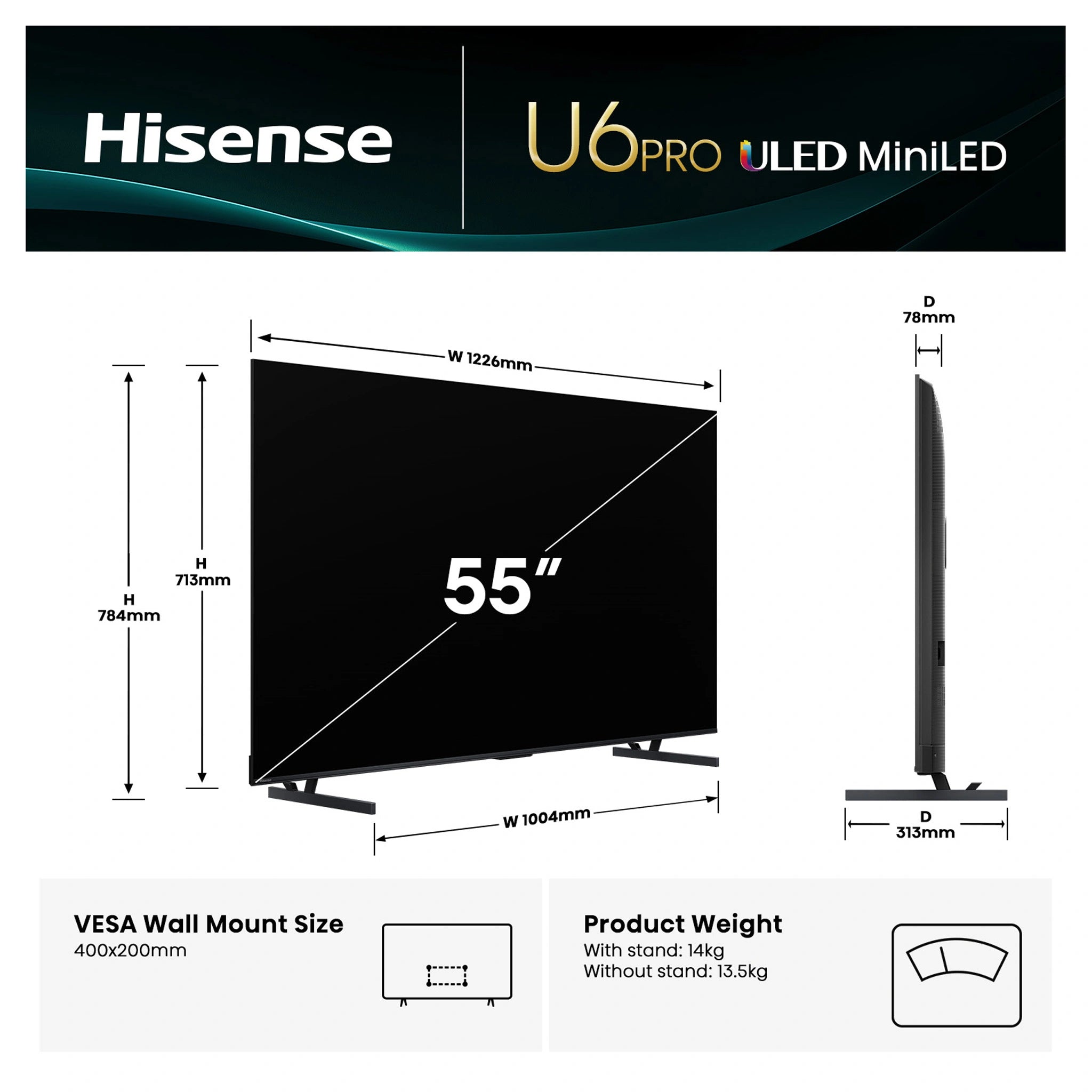 Hisense 55-Inch U6QAU PRO Mini-LED 4K QLED 144Hz Smart TV 55U6QAUPRO, Dimensions View