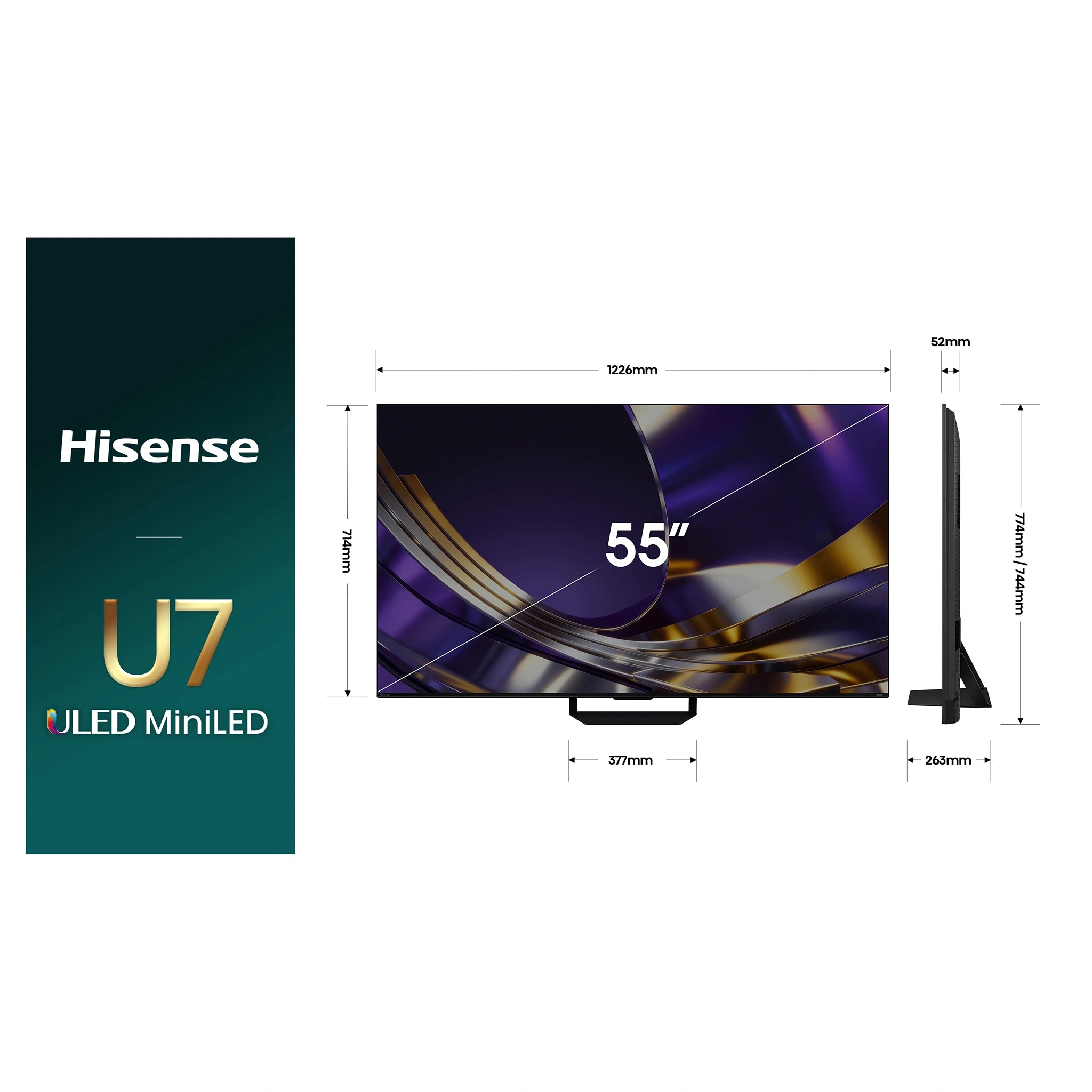 Hisense 55 Inch U7S ULED Mini-LED 165Hz 4K Smart TV 55U7SAU, Dimensions View