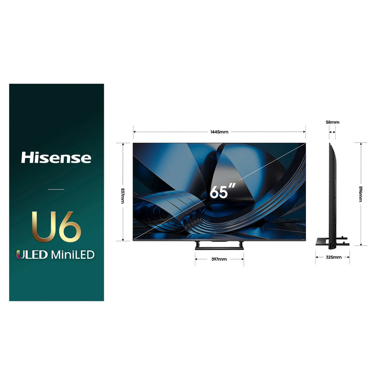 Hisense 65 Inch U6S ULED Mini-LED 144Hz 4K TV 65U6SAU, Dimensions View