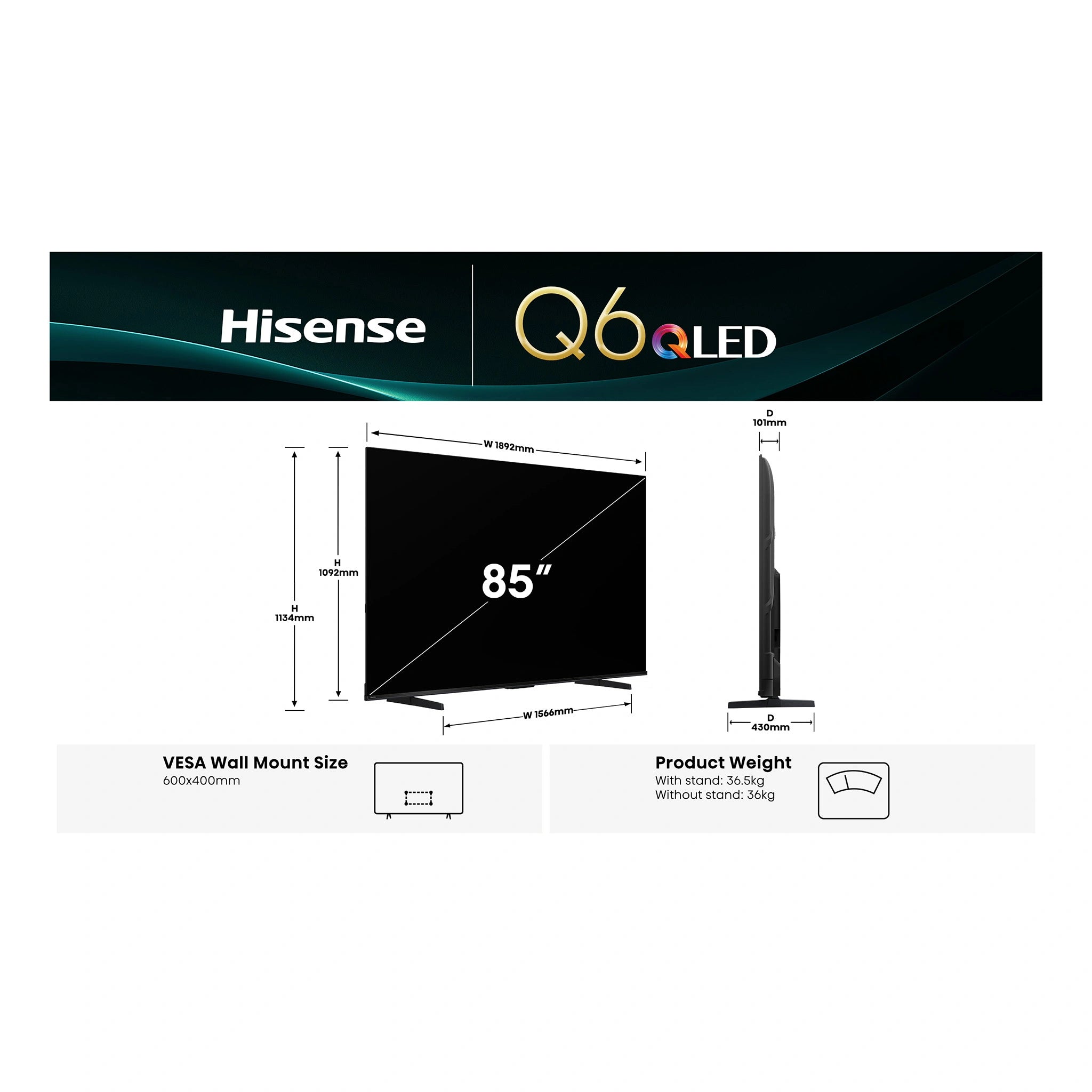 Hisense 85Q6QAU 85 Inch Q6QAU 4K Smart QLED TV