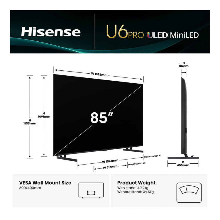 Hisense 85U6QAUPRO 85 inch PRO 4K ULED Mini-LED Smart TV