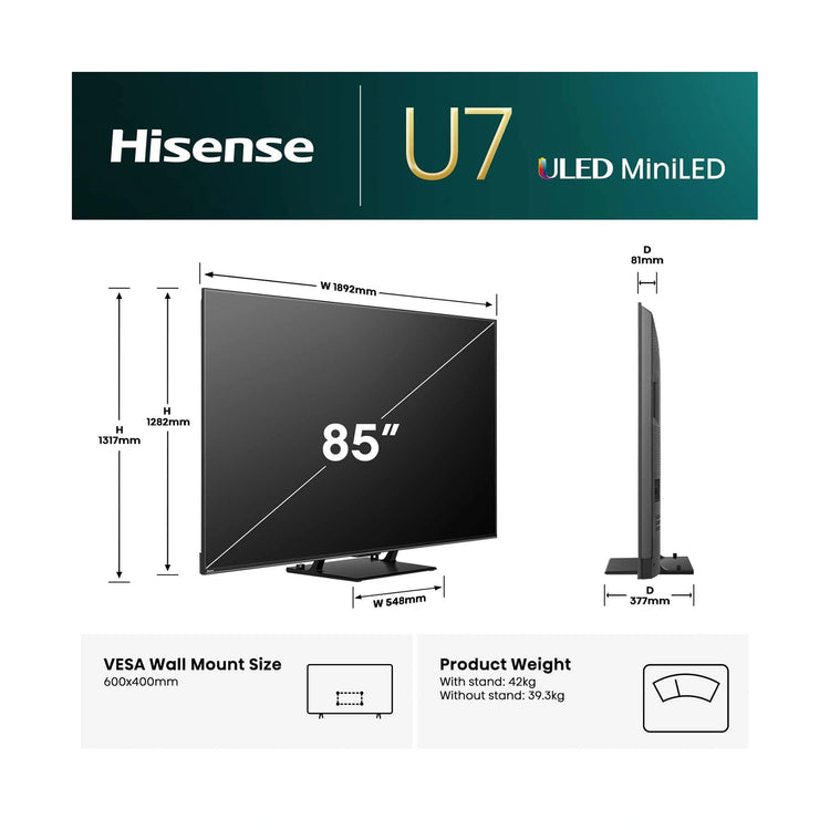 Hisense 85U7QAU 85 inch 4K ULED Mini-LED Smart TV