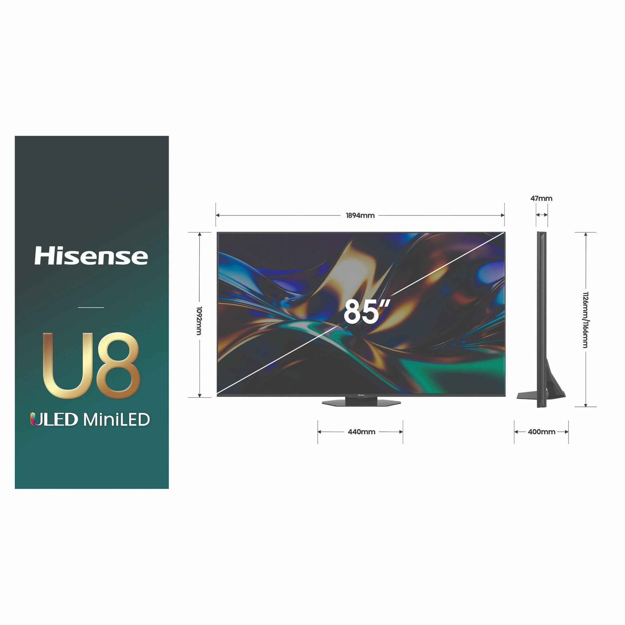 Hisense 85 Inch U85 ULED MiniLED 4K Smart AI Television 85U85AU, Dimensions View