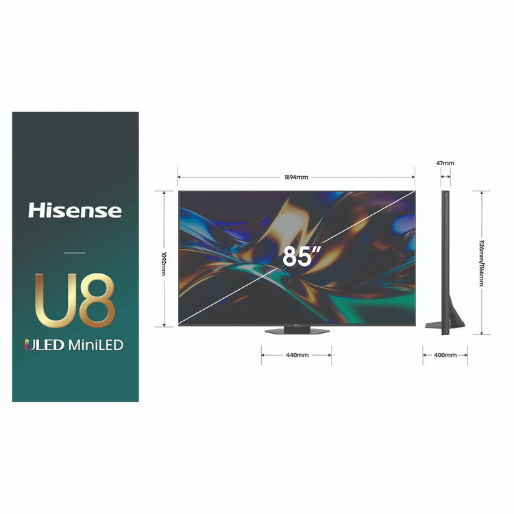 Hisense 85 Inch U85 ULED MiniLED 4K Smart AI Television 85U85AU, Dimensions View