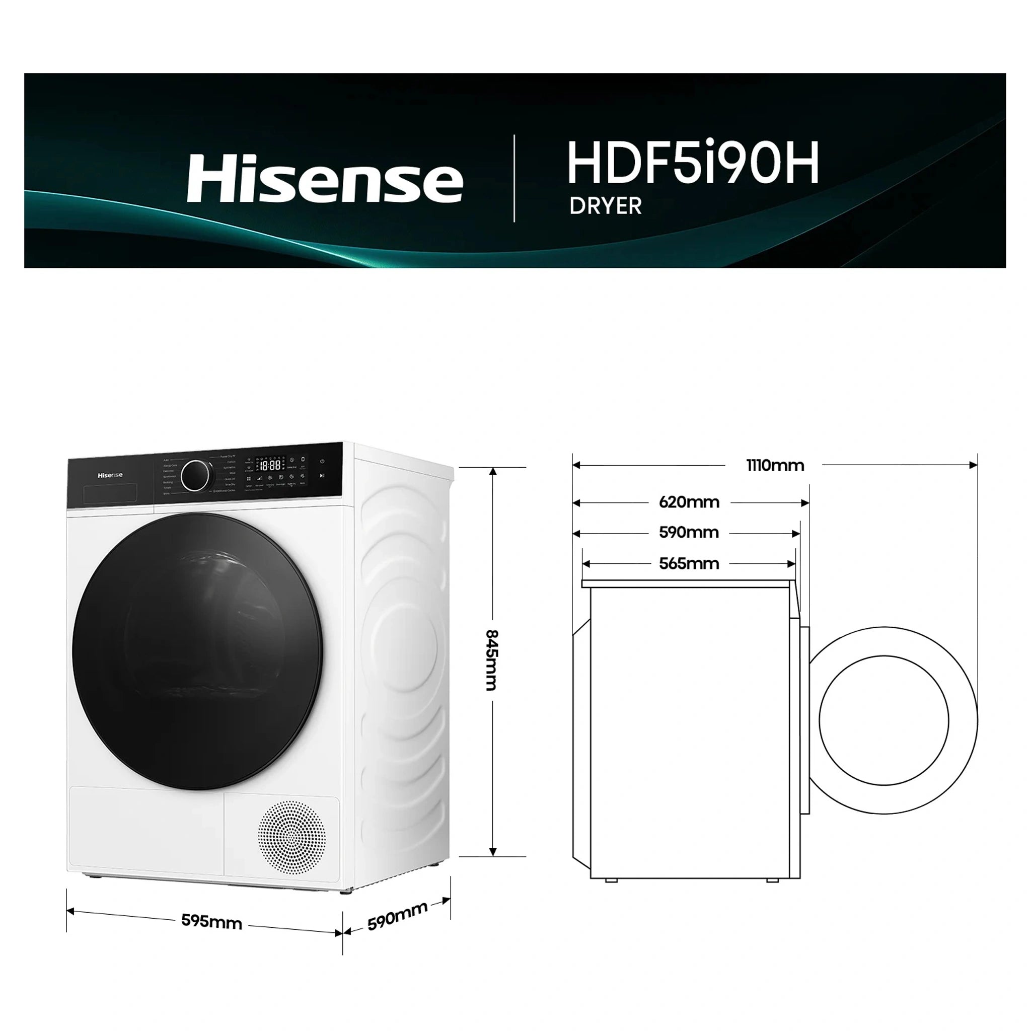 Hisense 9kg Series 5I White Heat Pump Dryer HDF5I90H, Dimensions View