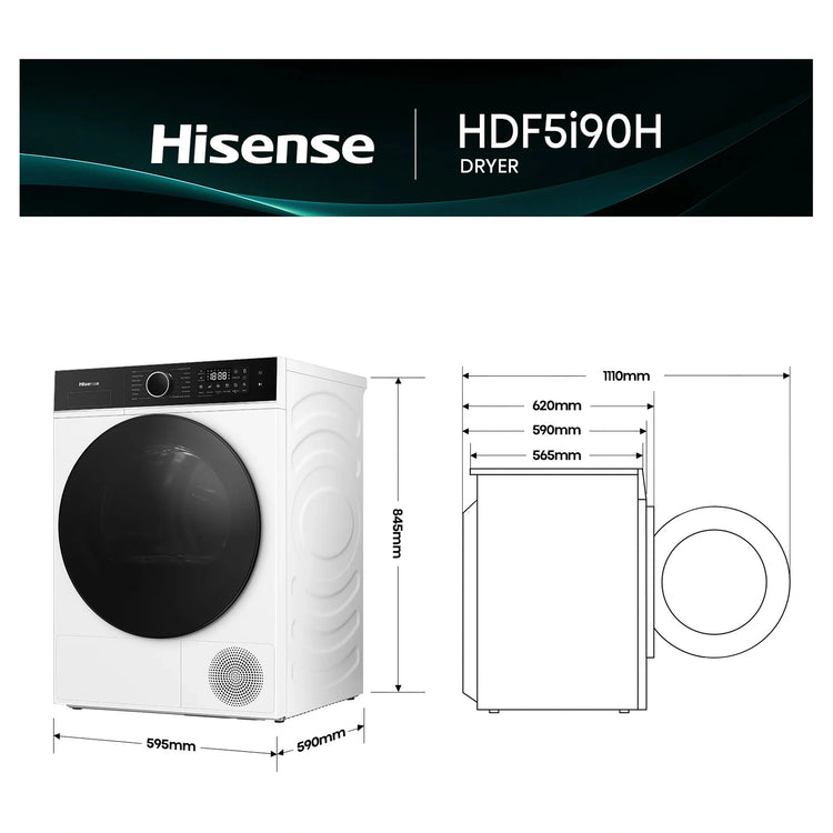 Hisense 9kg Series 5I White Heat Pump Dryer HDF5I90H, Dimensions View