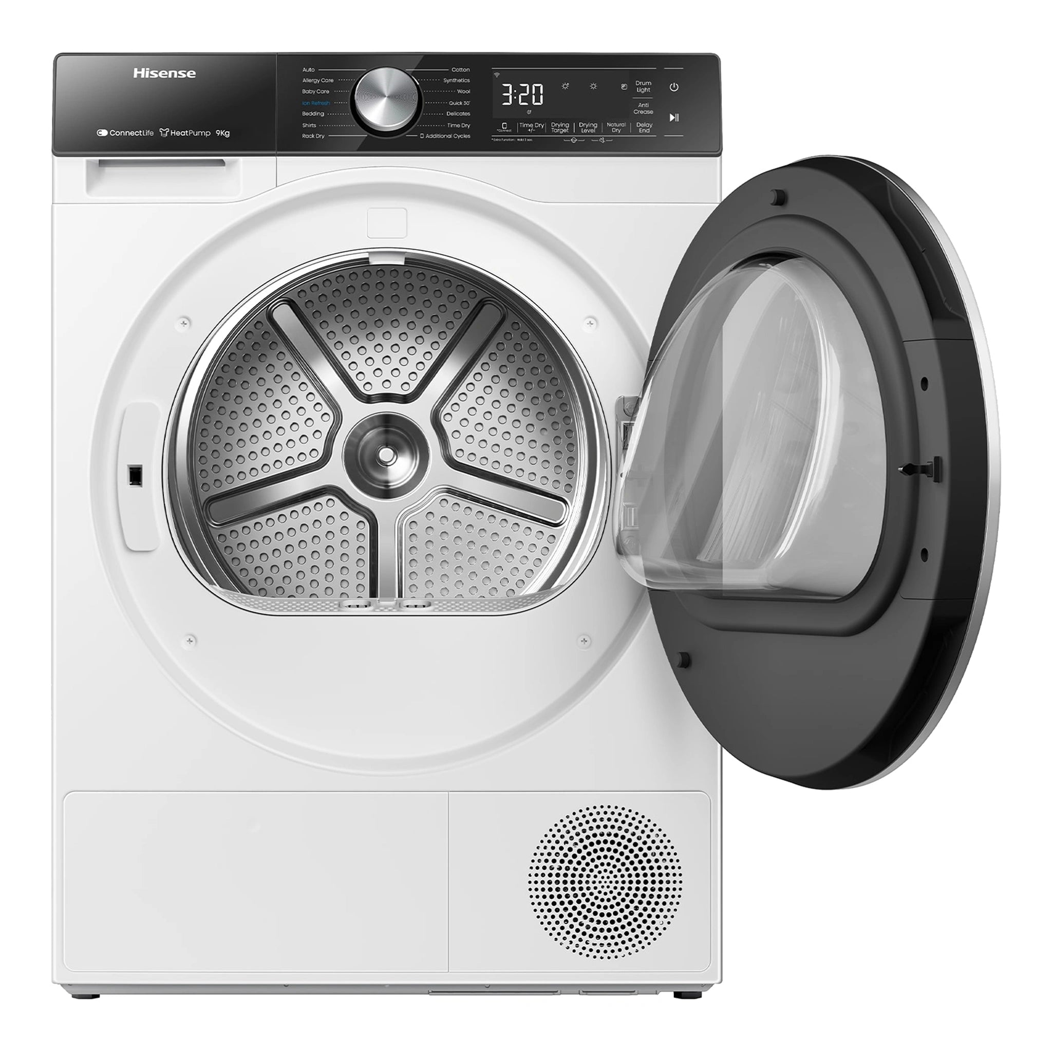 Hisense 9kg Series 5 Heat Pump Dryer HDF5S90H, Front View With Door Open Left