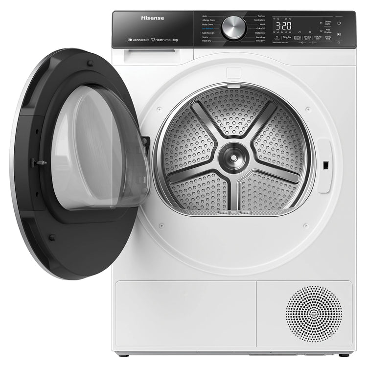 Hisense 8kg Series 5 Heat Pump Dryer HDFS80HE, Front View With Door Open