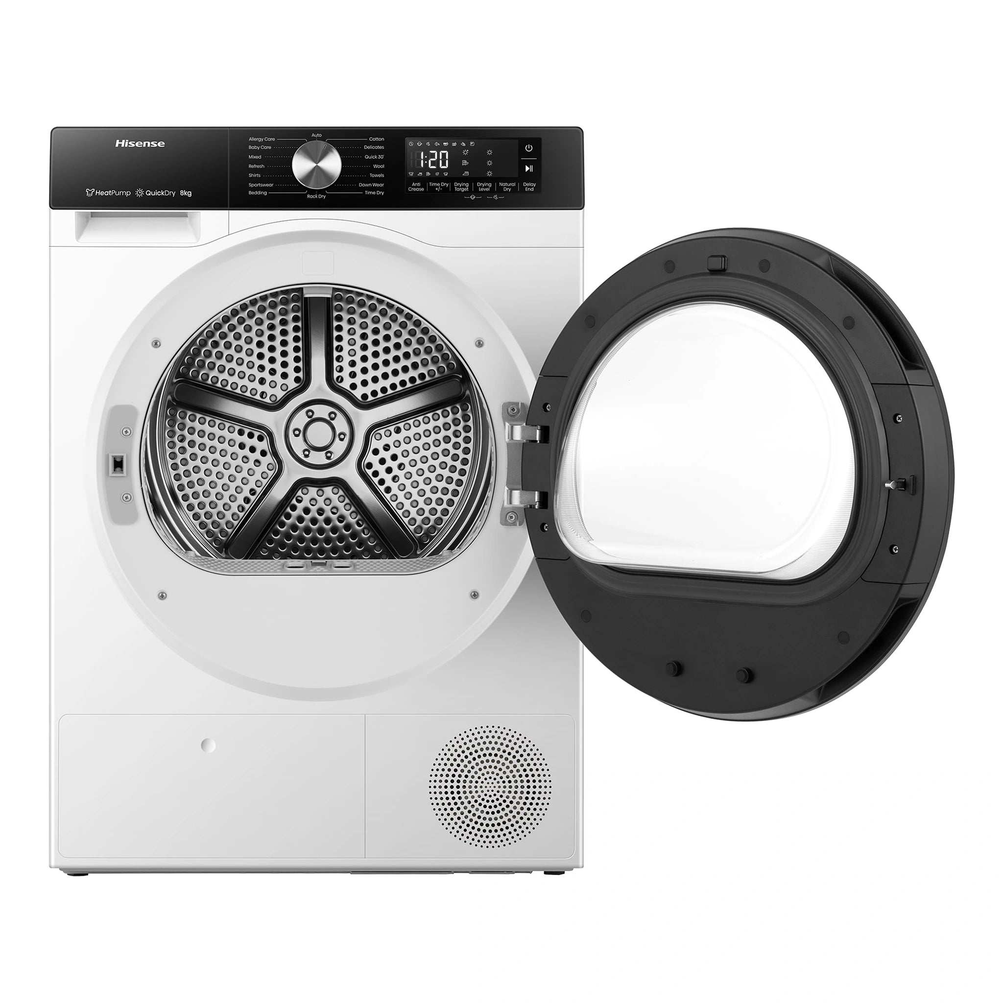 Hisense 8kg 3 Series Heat Pump Dryer with 4.5L Water Tank HDFS80HS, Front View With Door Open Left
