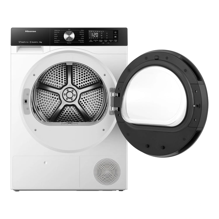 Hisense 8kg 3 Series Heat Pump Dryer with 4.5L Water Tank HDFS80HS, Front View With Door Open Left