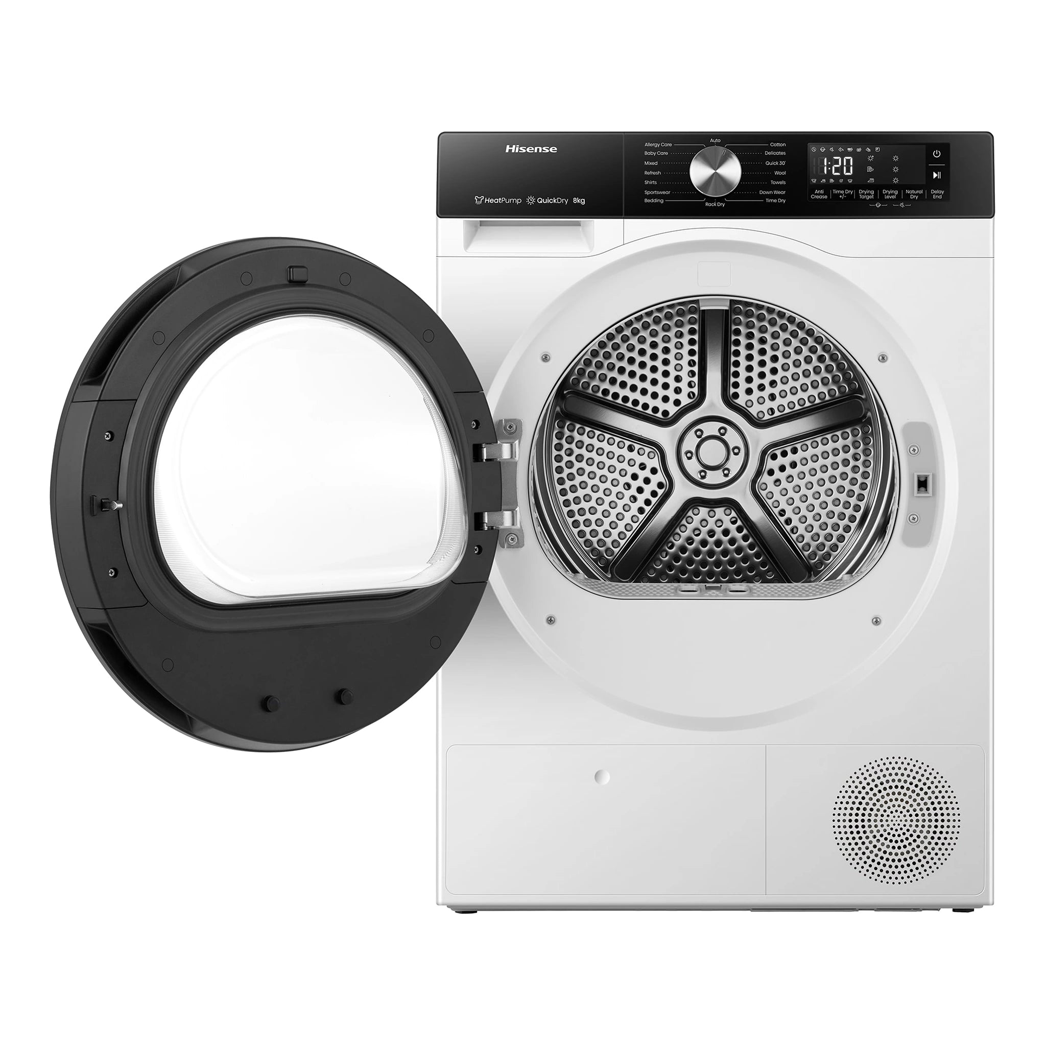 Hisense 8kg 3 Series Heat Pump Dryer with 4.5L Water Tank HDFS80HS, Front View With Door Open Right