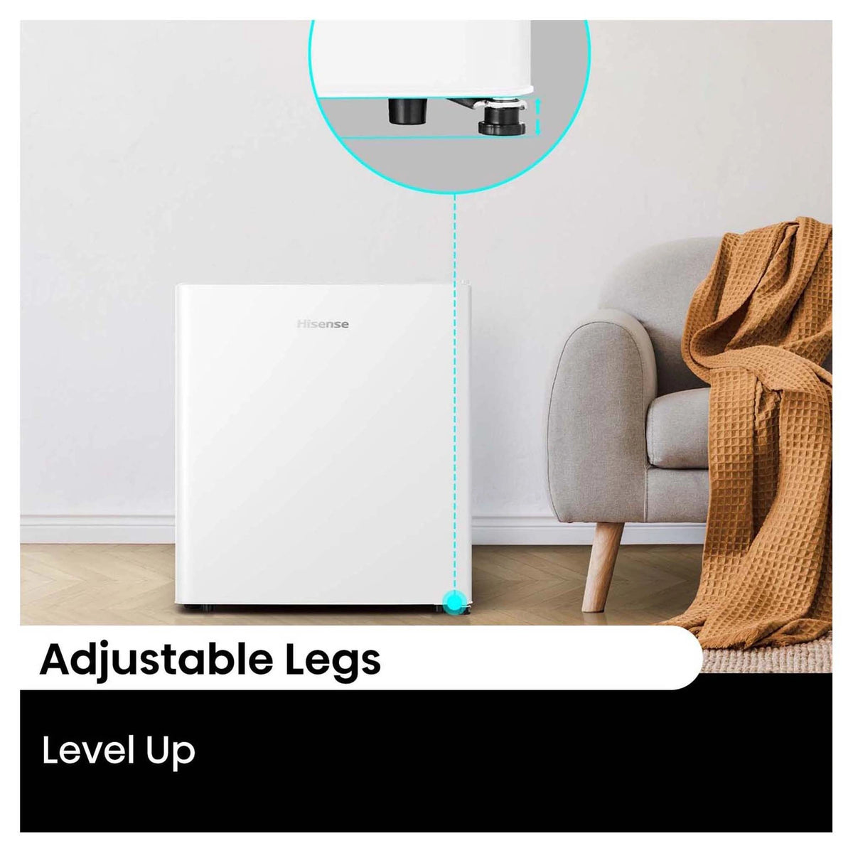 Hisense 45L White Bar Refrigerator HRBF46, Adjustable Legs View
