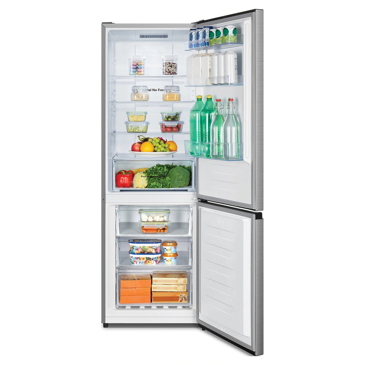 Hisense 292L Bottom Mount Fridge Stainless Steel HRBM292S, Front View Door Open Storages