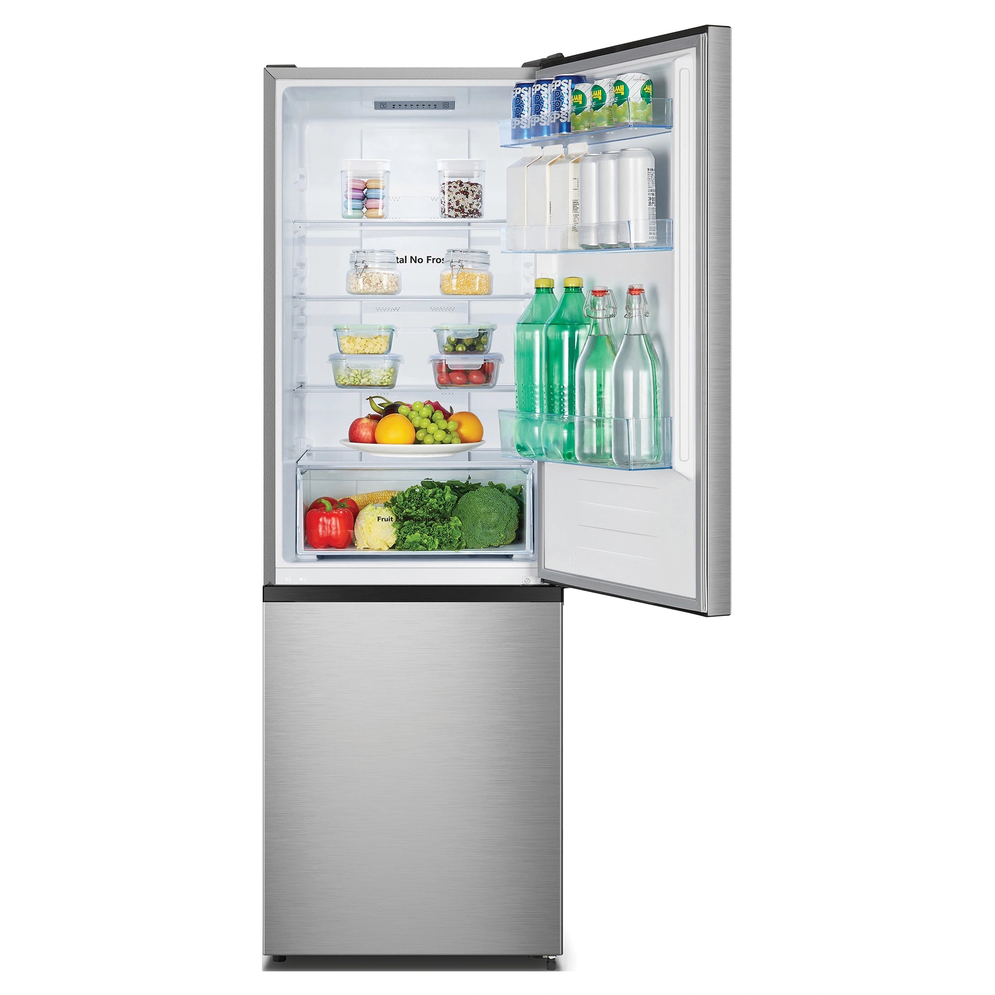 Hisense 292L Bottom Mount Fridge Stainless Steel HRBM292S, Front View With Top Door Open Storages