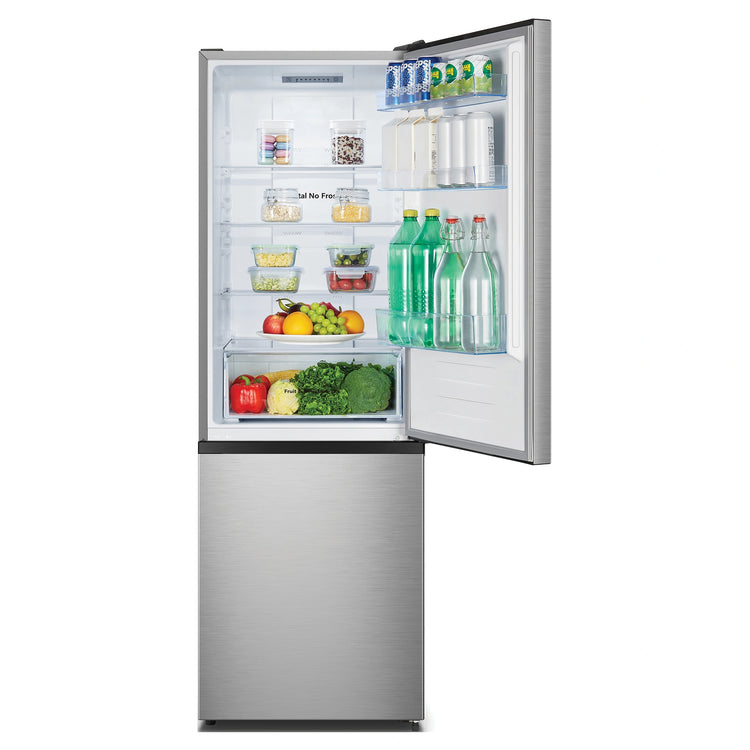 Hisense 292L Bottom Mount Fridge Stainless Steel HRBM292S, Front View With Top Door Open Storages