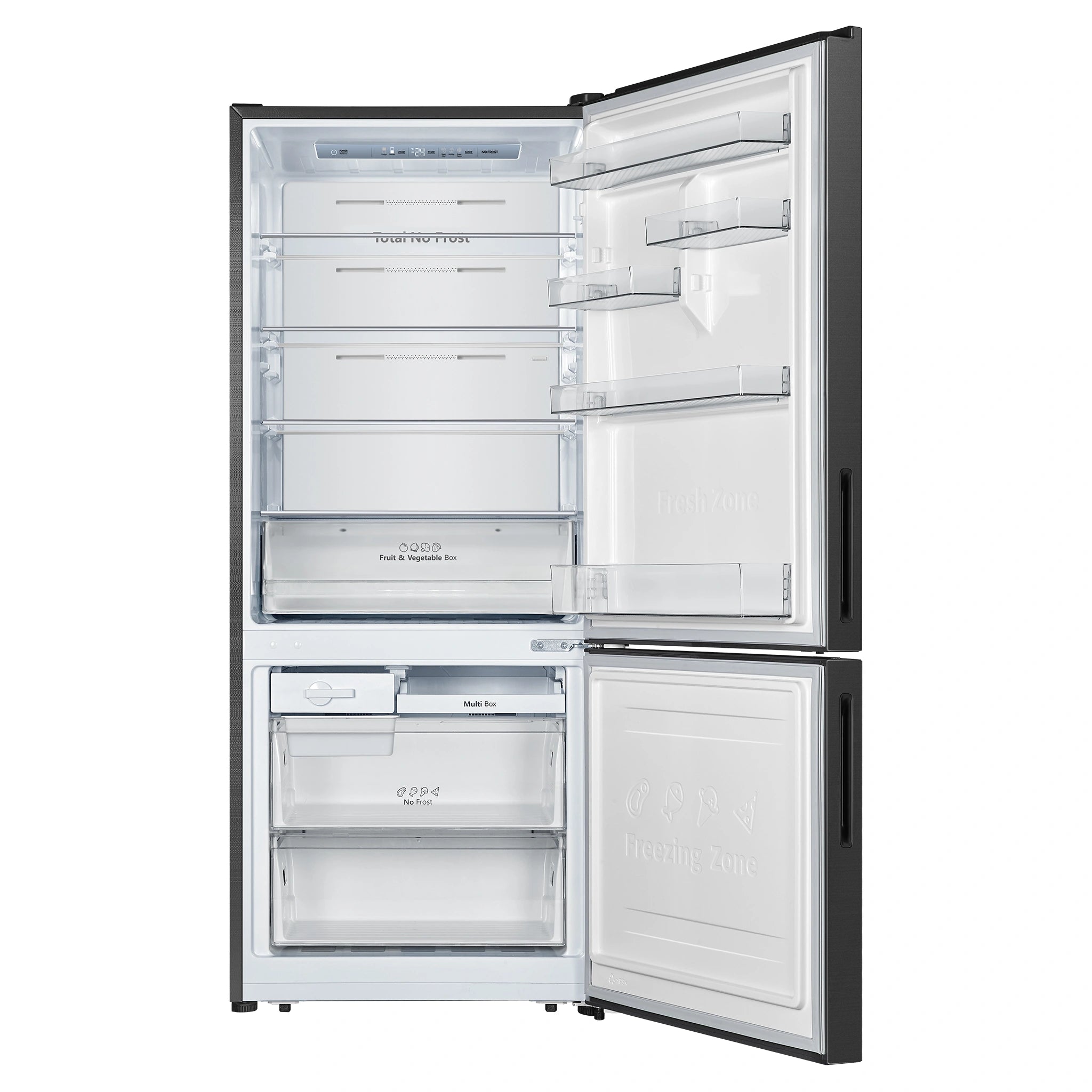 Hisense 417L Bottom Mount Fridge Black Steel HRBM418B, Front View With Door Open
