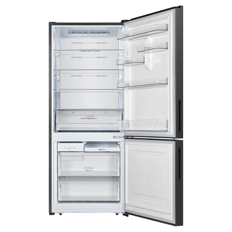 Hisense 417L Bottom Mount Fridge Black Steel HRBM418B, Front View With Door Open